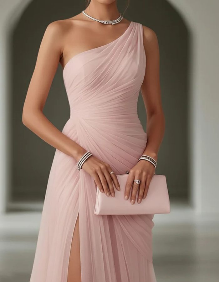 Women's sophisticated one-shoulder pleated maxi dress, ideal for special occasions, parties, and formal events.