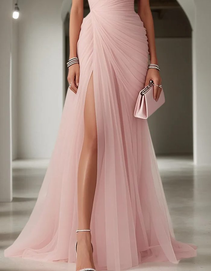Sophisticated women's one-shoulder pleated maxi dress, an elegant choice for formal events and evening wear.