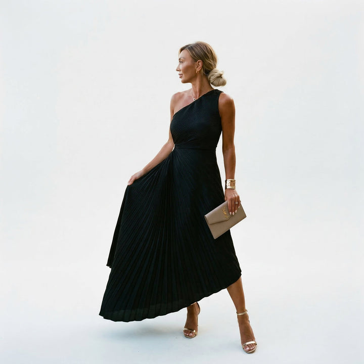 Formal pleated maxi dress for women, featuring a stylish one-shoulder design for special events.