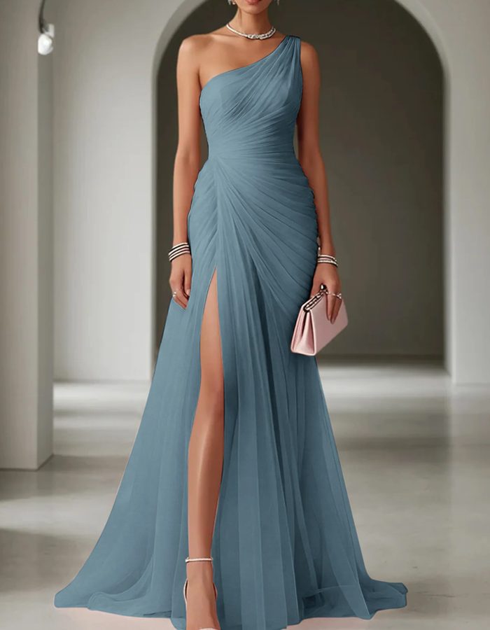 Long pleated maxi dress for women featuring an elegant one-shoulder design, suitable for formal and wedding guests.