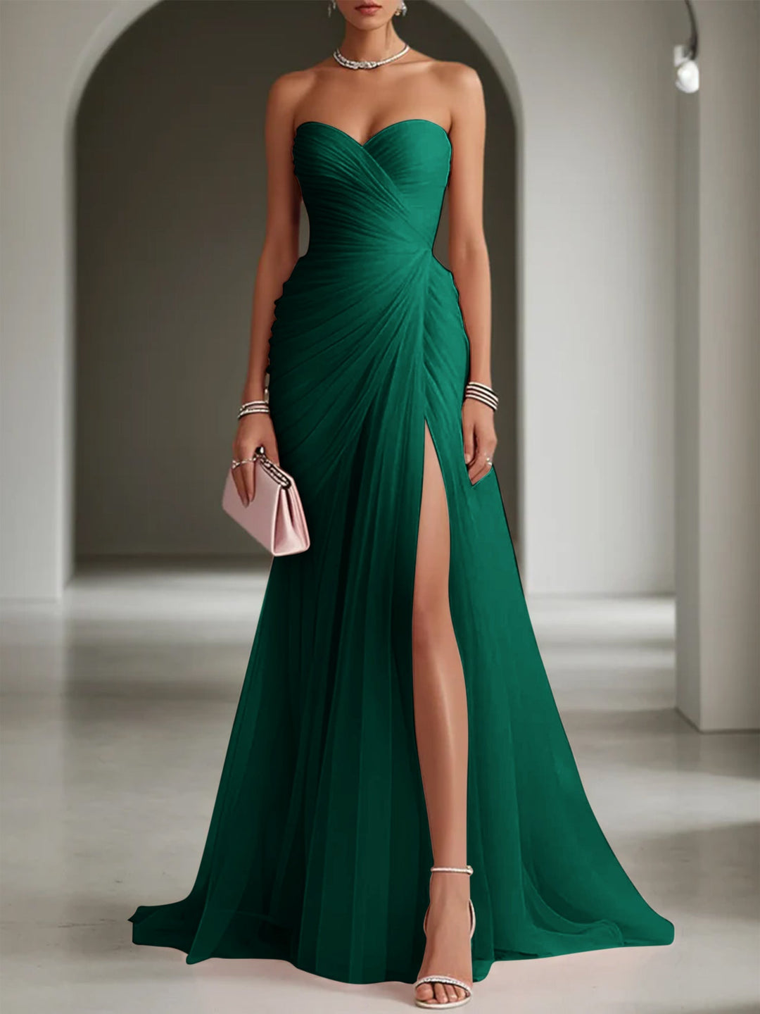 Women's formal one-shoulder pleated maxi dress, an elegant evening gown designed for wedding guests and special events.