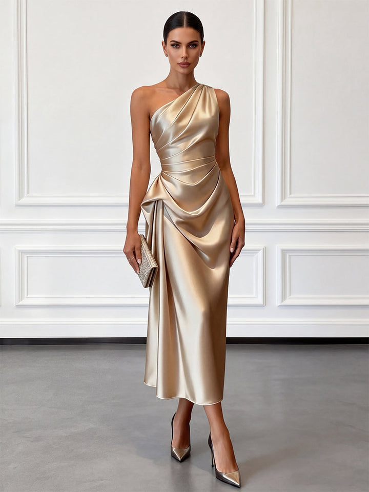 Elegant one-shoulder ruched midi dress for women, perfect for wedding guests & formal occasions.