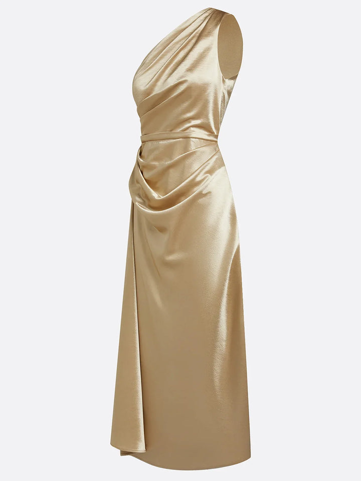 Formal women's midi dress, one-shoulder design with elegant ruching, ideal for wedding guests.