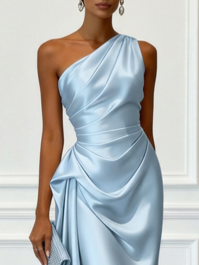 Elegant one-shoulder women's midi dress with ruched details, perfect for wedding guests.