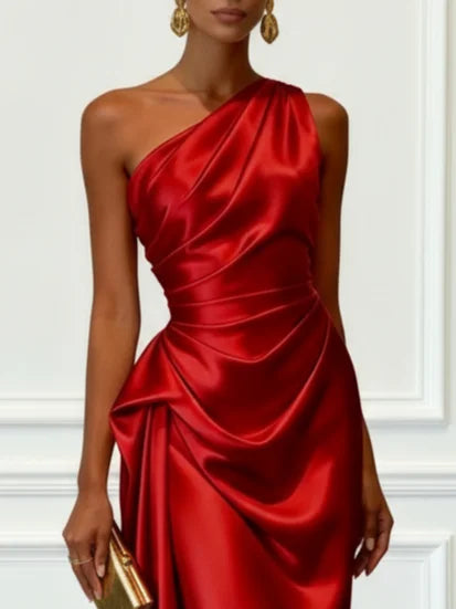 Wedding guest midi dress: elegant one-shoulder ruched design for a flattering formal look.