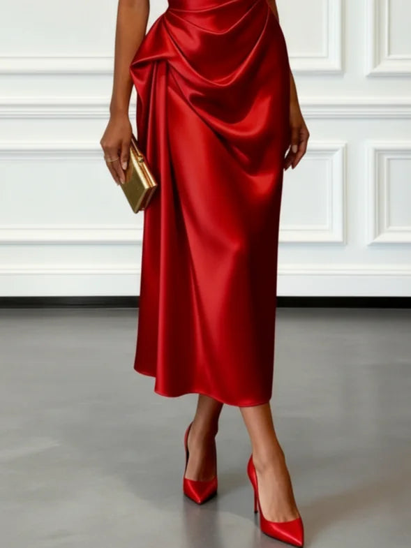 Women's evening wear midi dress, one-shoulder and ruched, perfect for elegant formal parties.