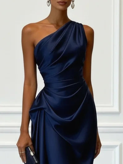 Elegant women's one-shoulder ruched midi dress, a sophisticated formal option for events.