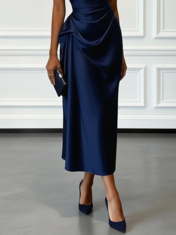 Party-ready one-shoulder ruched midi dress, an elegant and chic formal dress for women.