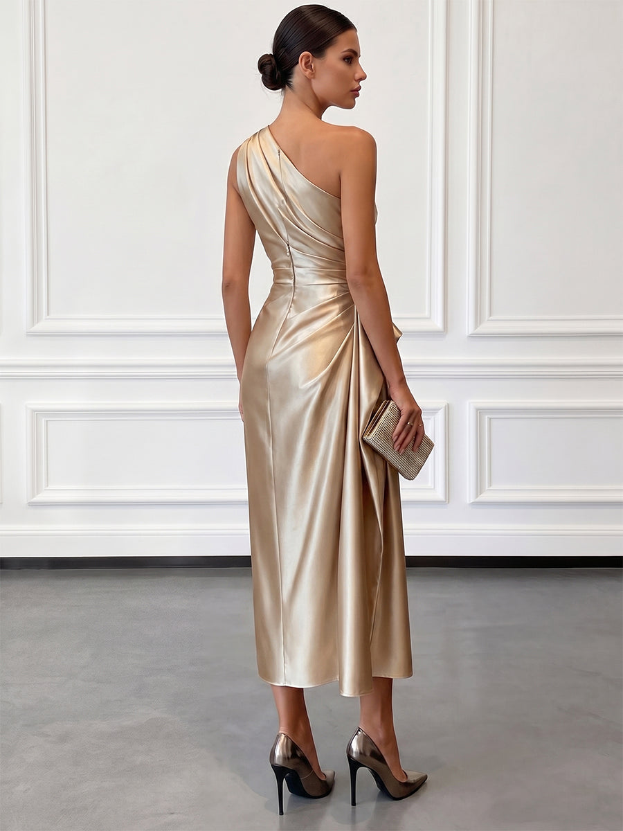 Chic women's one-shoulder ruched midi dress, ideal as a flattering wedding guest or party dress.