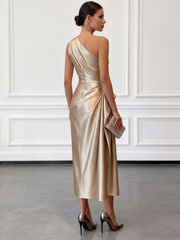 Chic women's one-shoulder ruched midi dress, ideal as a flattering wedding guest or party dress.