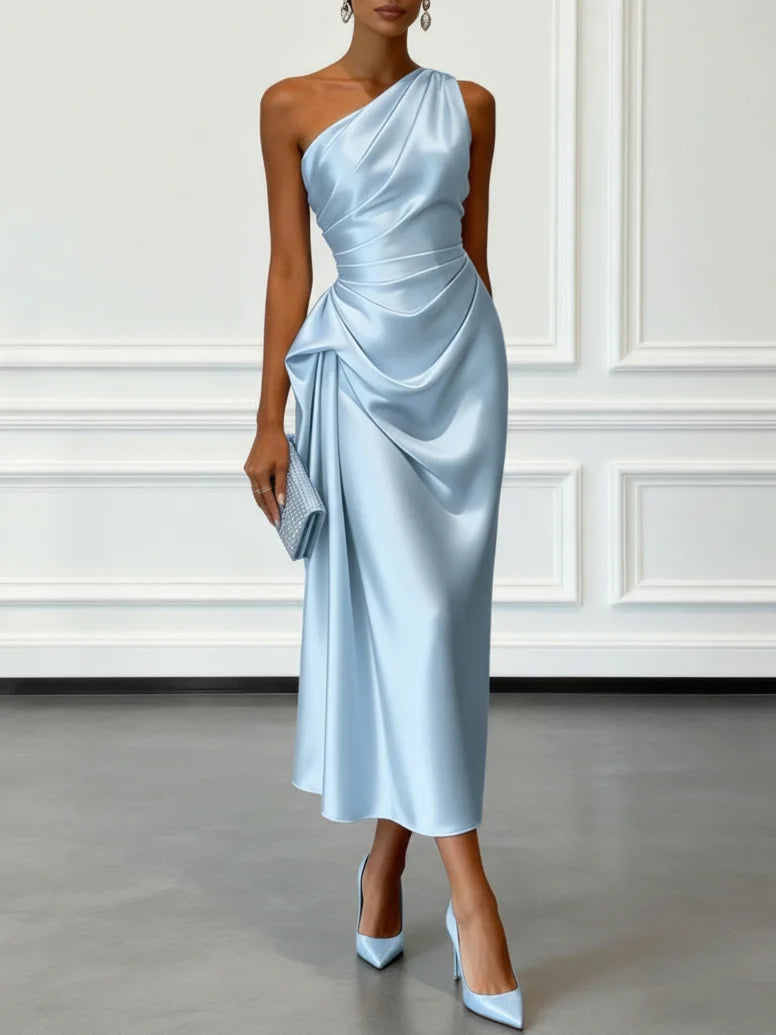 Formal one-shoulder ruched midi dress for women, an elegant choice for evening wear & special occasions.