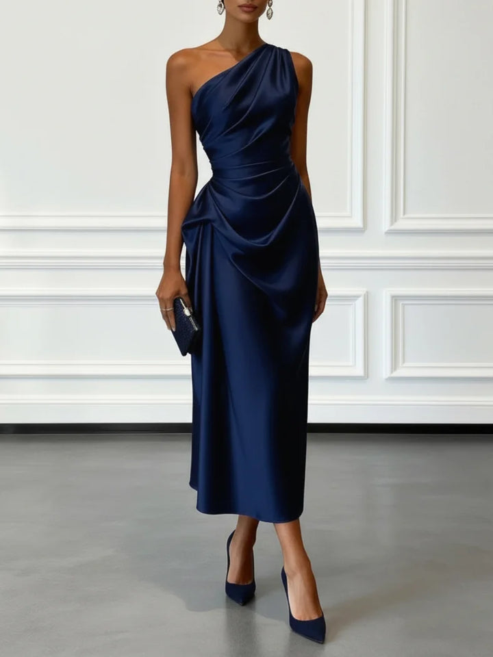 Stylish one-shoulder midi dress, a ruched formal dress for women, ideal as elegant evening wear.