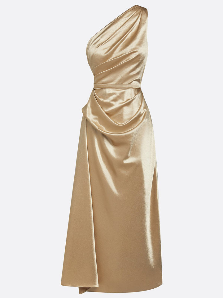 Wedding guest one-shoulder ruched midi dress for women, an elegant and flattering formal option.