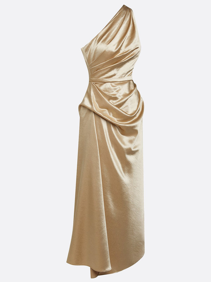 Evening wear one-shoulder ruched midi dress, a chic and elegant party dress for women.
