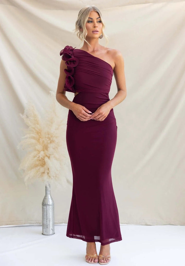 Women's elegant one-shoulder long dress with cascading ruffles, perfect for formal parties & wedding guests.