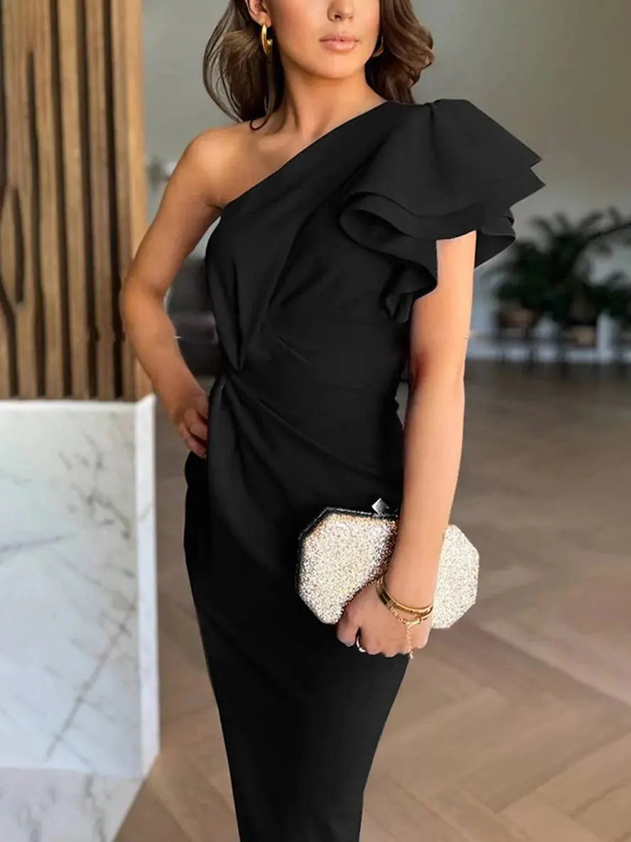 Versatile one-shoulder ruffle maxi dress, perfect for formal events & special occasions, with a side slit.