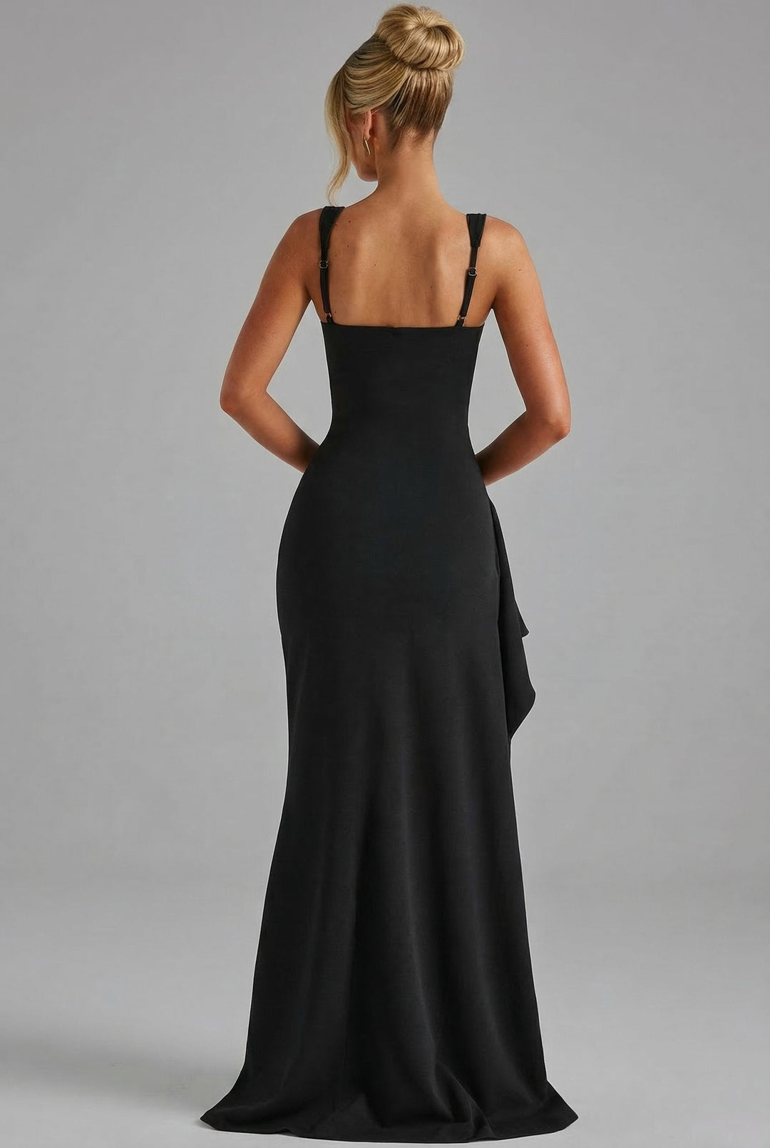 Formal women's evening gown: elegant open-back bodycon maxi dress with a dramatic side split.