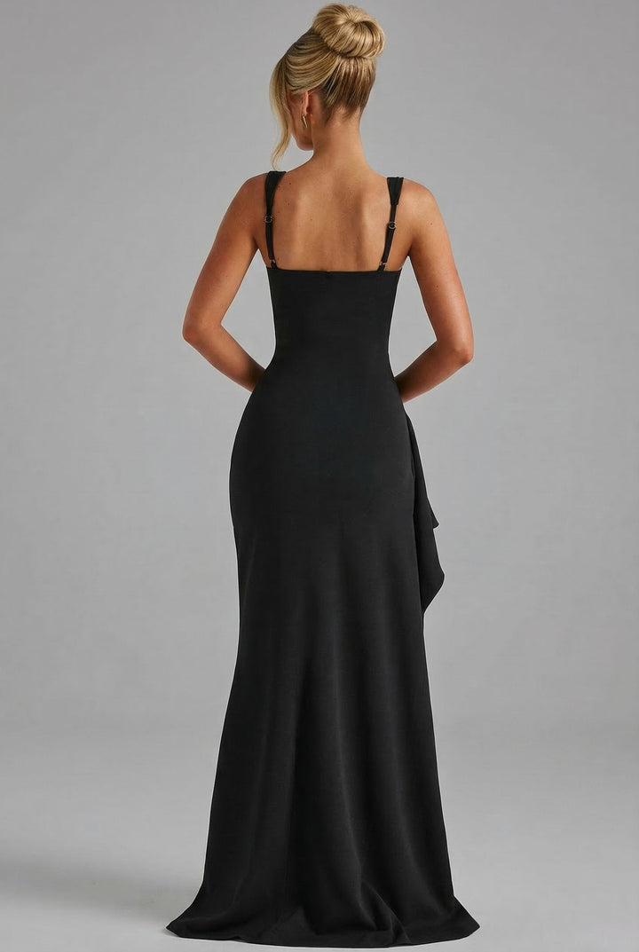 Formal women's evening gown: elegant open-back bodycon maxi dress with a dramatic side split.