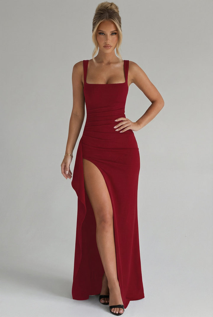 Stylish women's party dress, a sleeveless bodycon maxi with an alluring open back design.