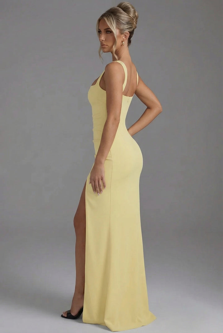 Women's sophisticated long bodycon evening dress, featuring an open back and flattering fit.