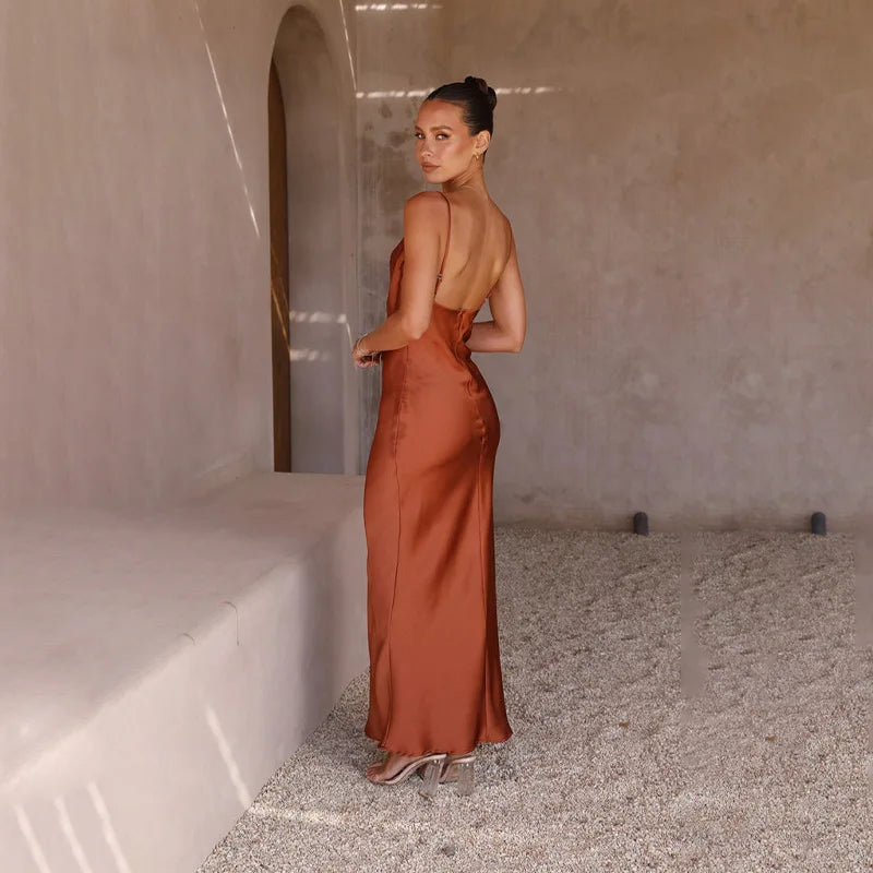 Formal evening maxi dress for women, featuring an elegant open back and sleek design.