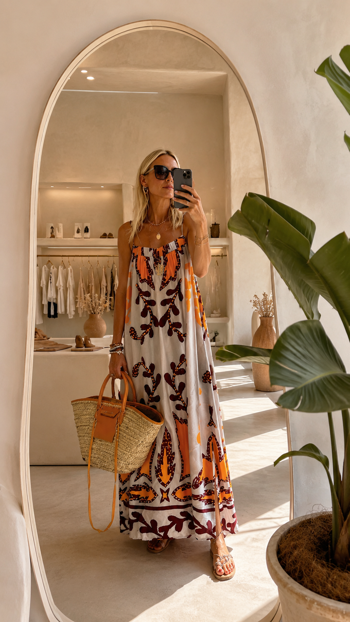 Flowy boho orange maxi dress, perfect for women's summer holidays, beach vacations & resort wear.