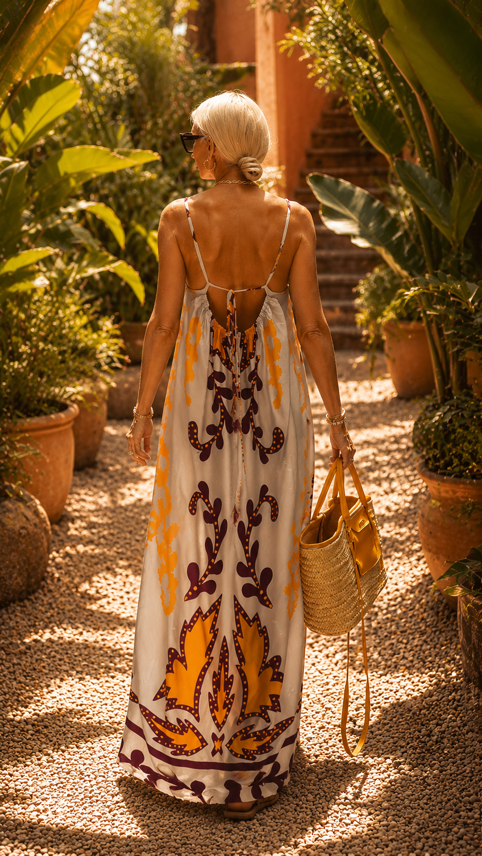 Chic women's orange summer maxi dress, an elegant evening gown for vacation & special occasions.