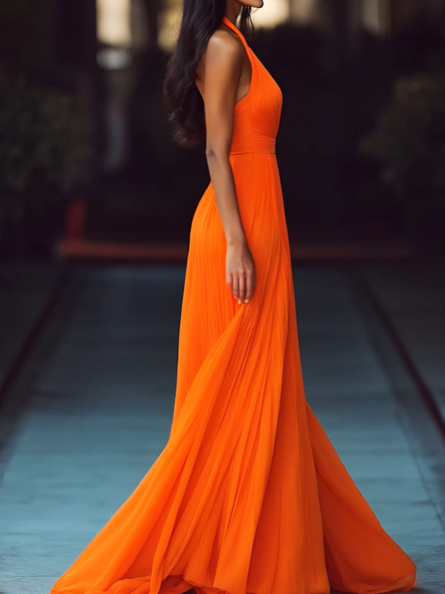 Sleeveless pleated maxi dress for women, a stylish V-neck halter gown for formal events or wedding guests.