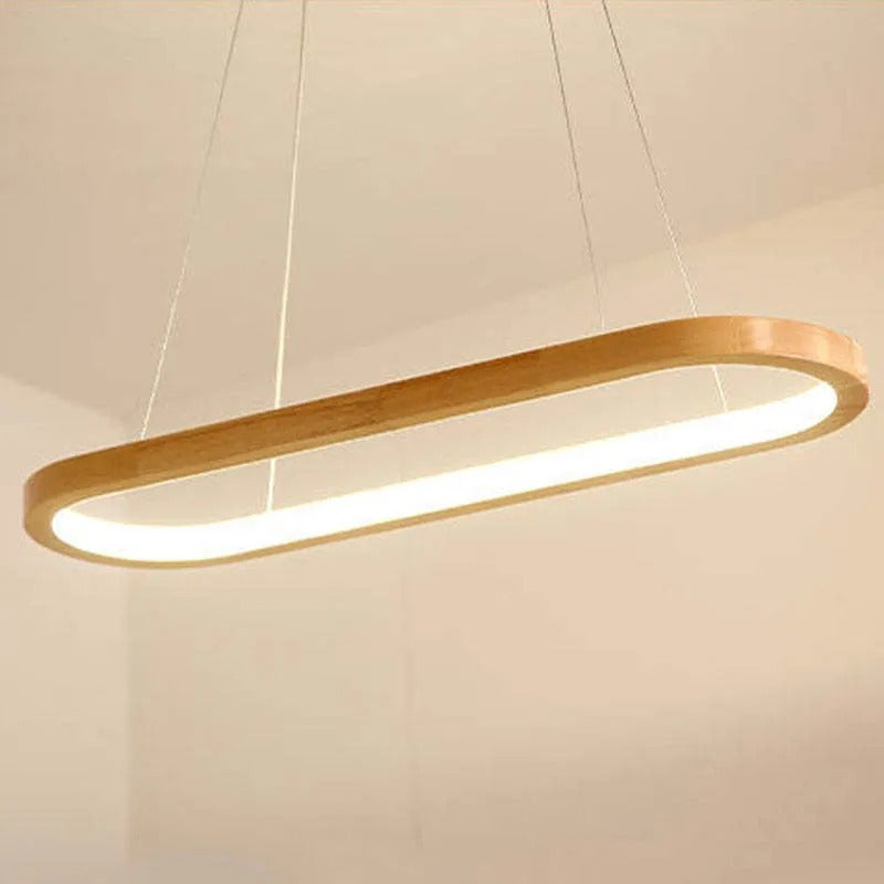 Large oval wood & acrylic LED pendant, adjustable height for various room settings, elegant.