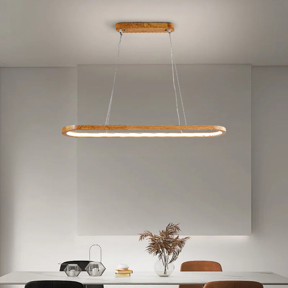 Adjustable LED oval pendant light, combining natural wood and clear acrylic, modern design.
