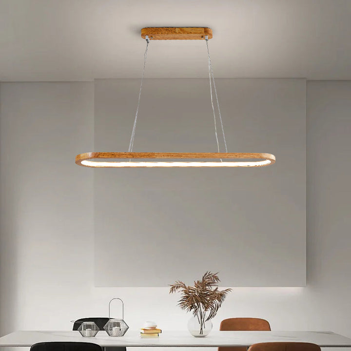 Adjustable LED oval pendant light, combining natural wood and clear acrylic, modern design.