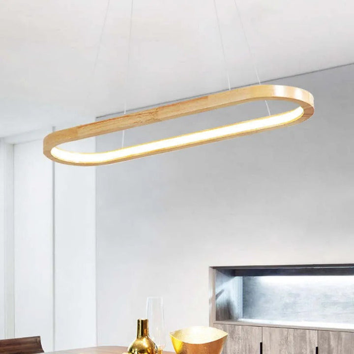 Stylish oval wood pendant with frosted acrylic shade, great for contemporary living spaces.