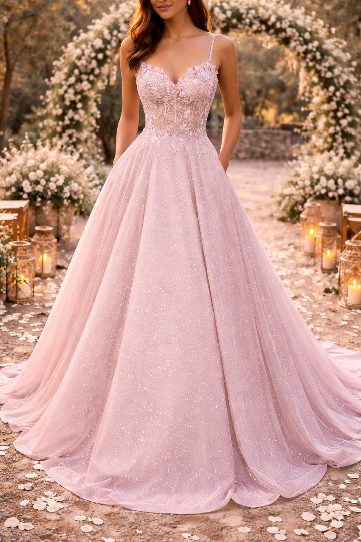 Elegant pink embroidered formal wedding guest dress for women. Long evening gown perfect for special occasions & parties.