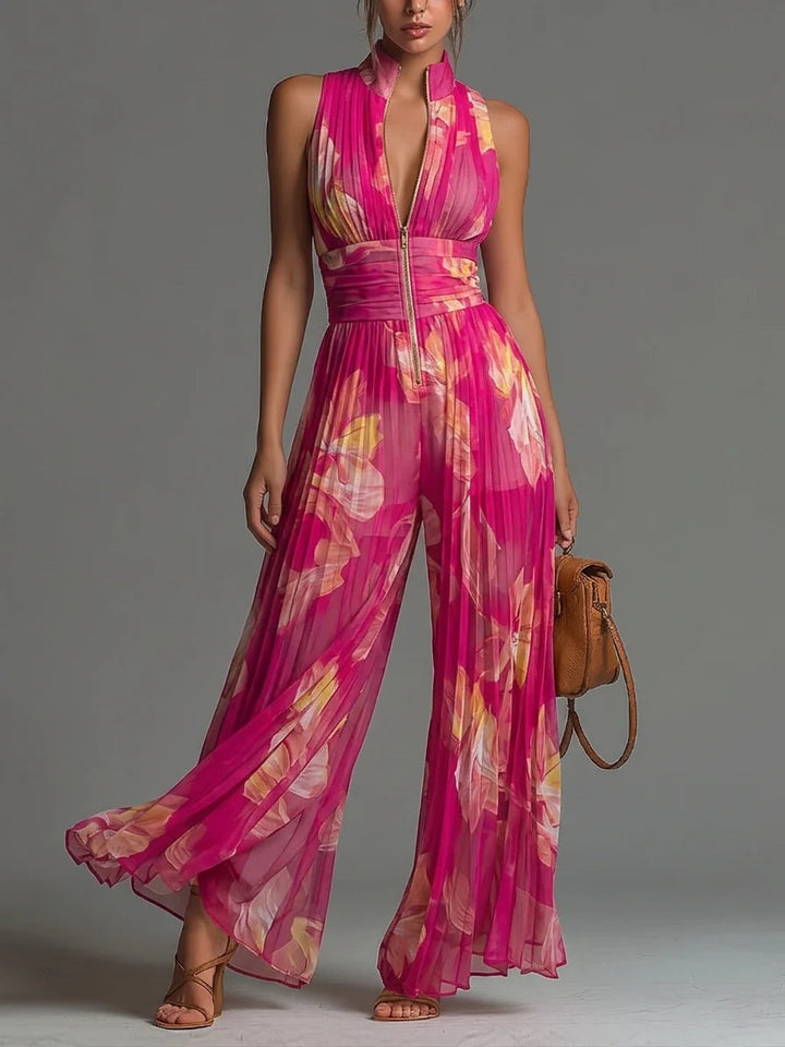 Elegant pink floral halter neck wide leg jumpsuit for women, perfect for spring/summer occasions and evening wear.