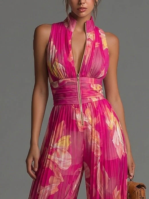 Comfortable pink floral wide leg halter jumpsuit for women. Ideal elegant outfit for special occasions or spring events.