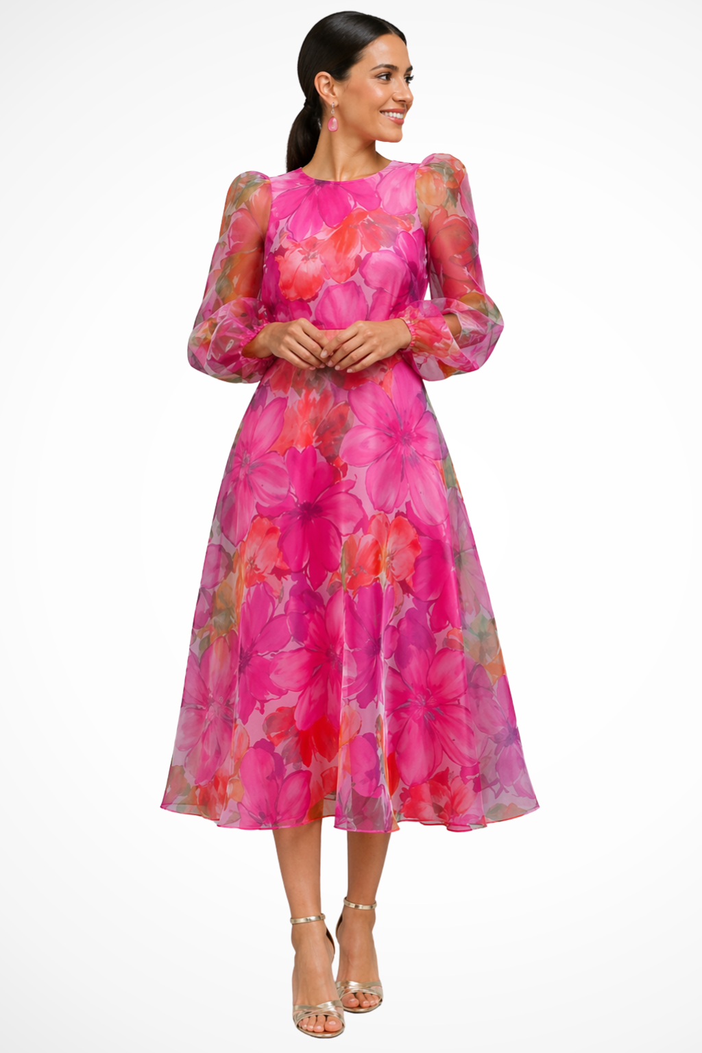 Elegant pink floral puff sleeve midi dress for women, perfect for wedding guests, spring, and summer occasions.
