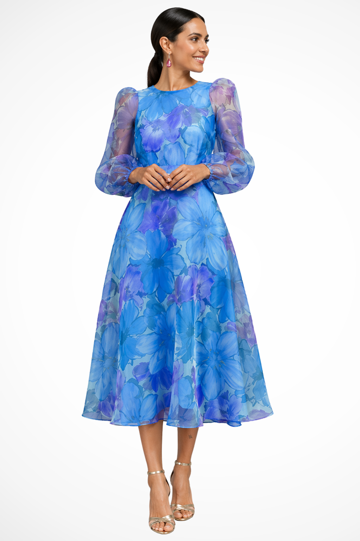 Chic blue floral puff sleeve midi dress for women, ideal for formal events, parties, and elegant spring fashion.