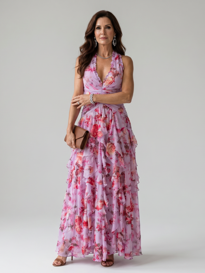 Elegant pink halter neck maxi dress for women, perfect for weddings & formal occasions. Flowy evening gown style.
