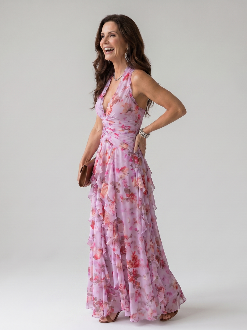 Women's blue halter neck maxi dress, ideal as a wedding guest outfit or elegant evening gown. Flowy formal wear.