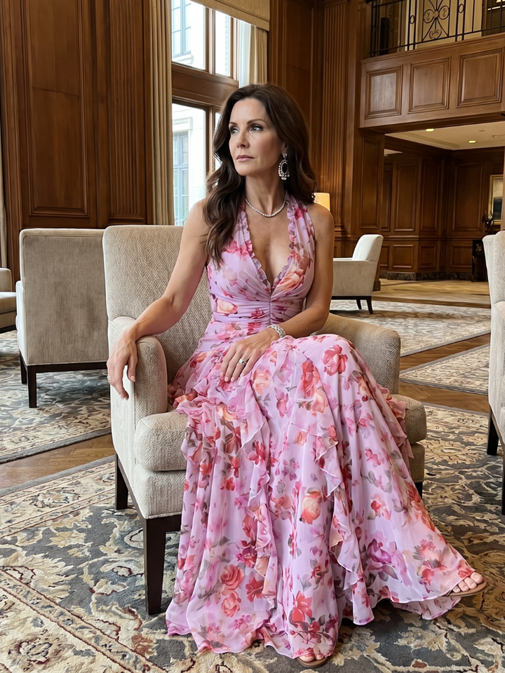Flowy pink halter neck maxi dress for women. Elegant formal wear, perfect as an evening gown or party dress.
