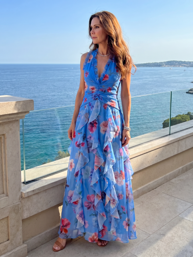 Chic women's halter neck maxi dress in pink, an elegant formal evening gown perfect for special occasions & weddings.