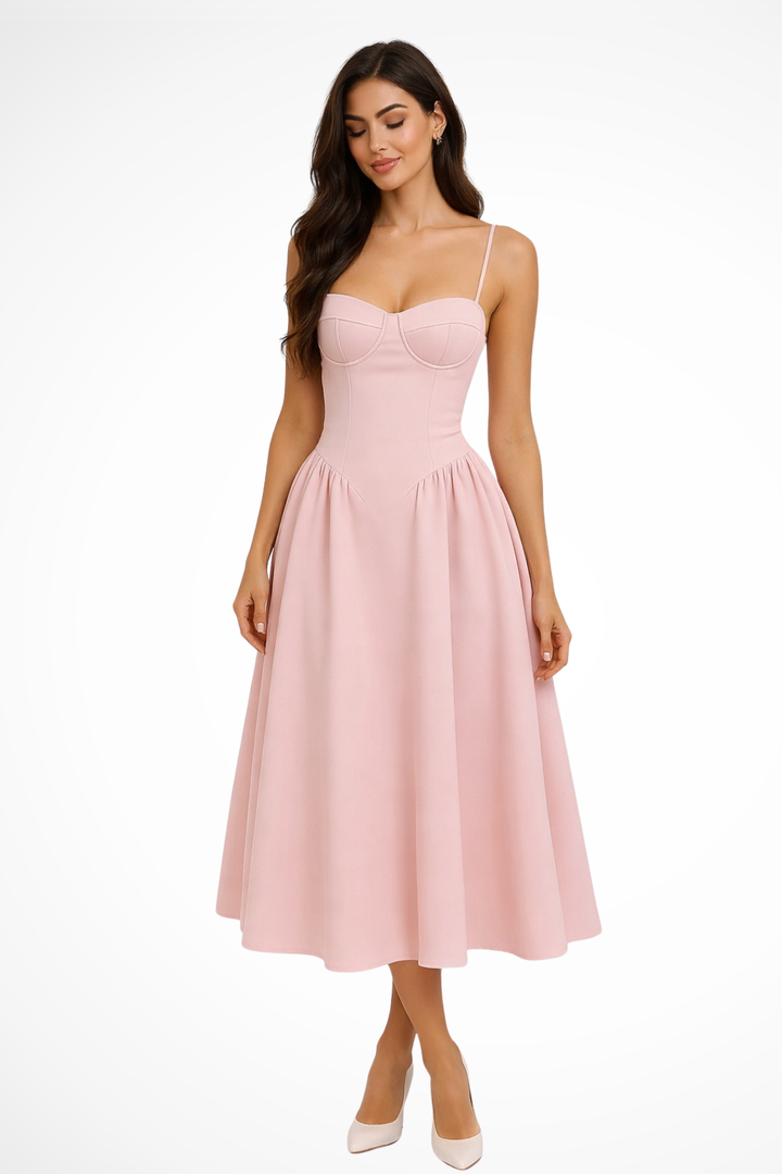 Elegant pink women's A-line midi dress with corset bodice. Perfect for special occasions & wedding guests.
