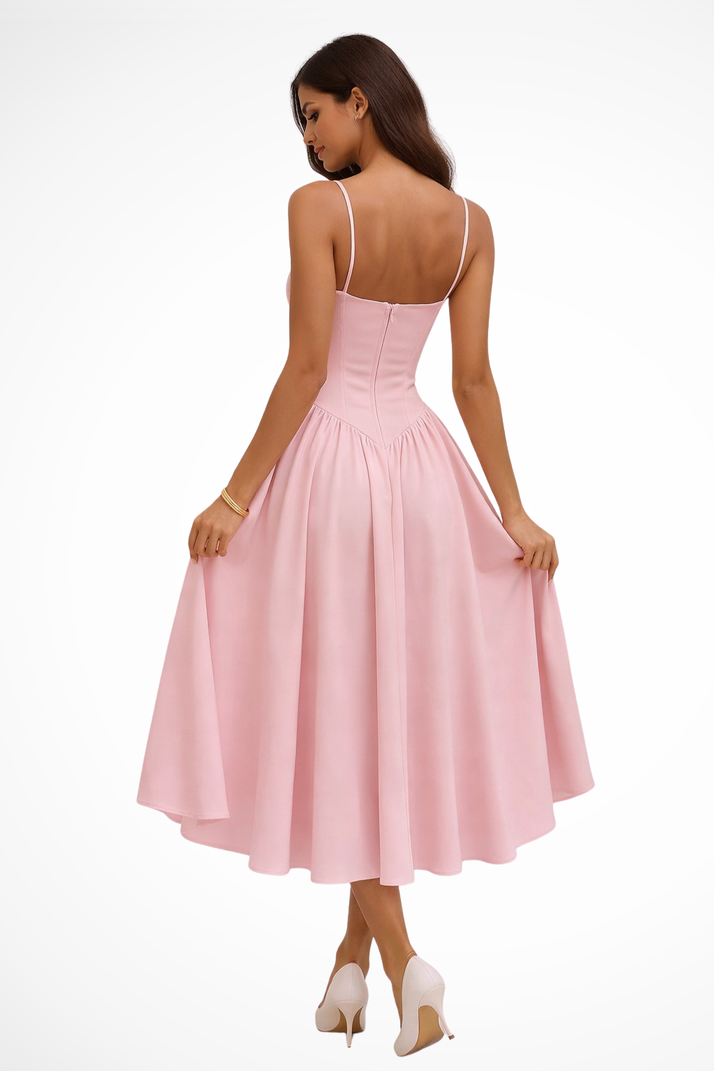 Structured women's A-line midi party dress with flattering corset bodice for elegant formal wear.