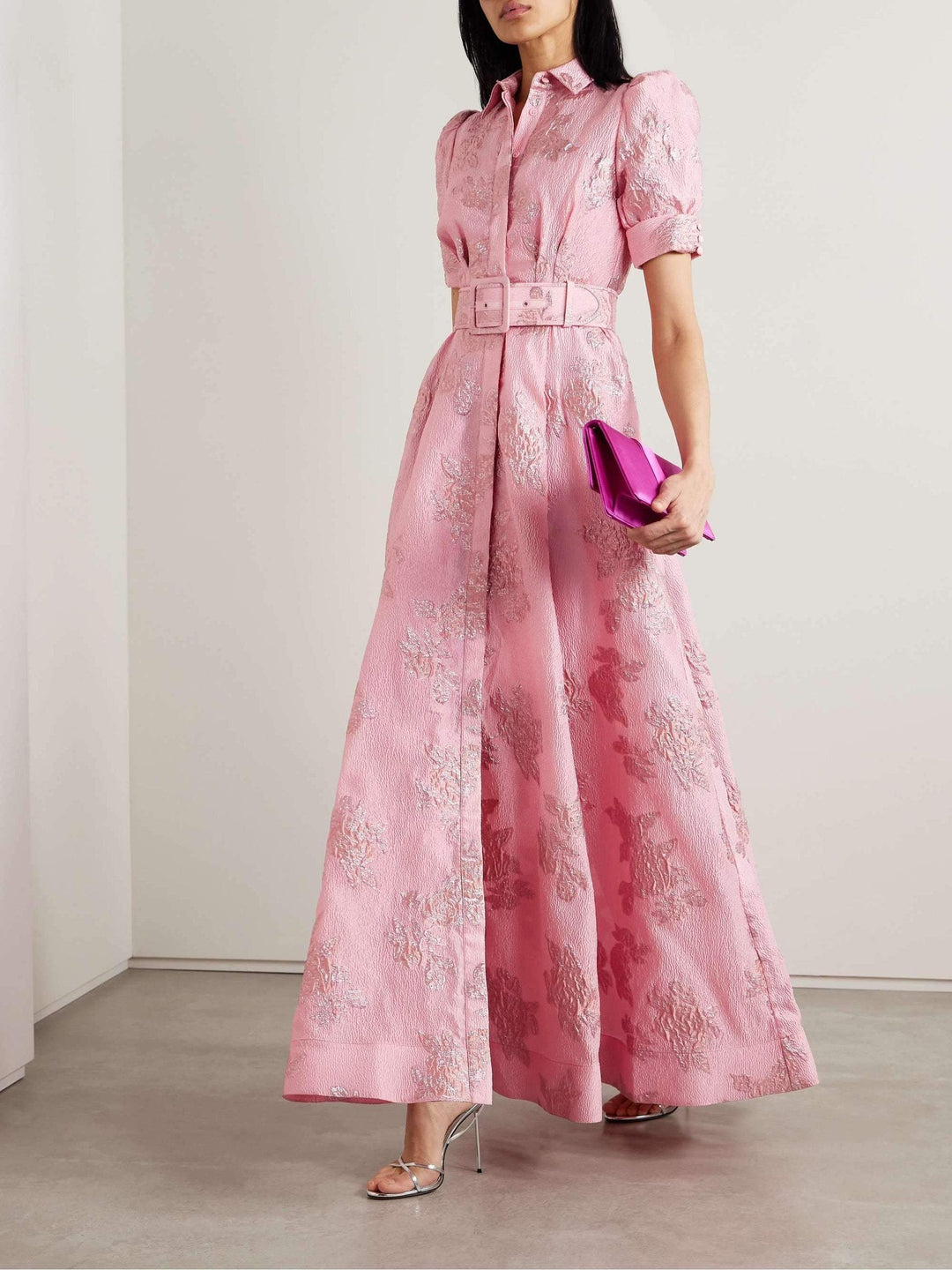 Elegant pink women's dress with chic short puff sleeves, perfect for summer casual or day to night events.