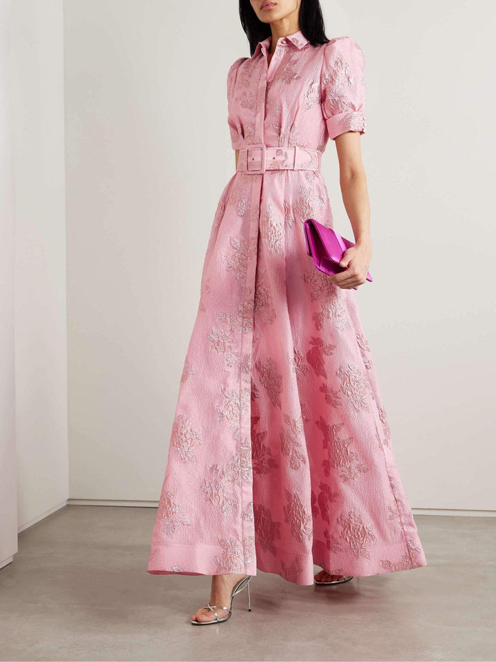 Elegant pink women's dress with chic short puff sleeves, perfect for summer casual or day to night events.