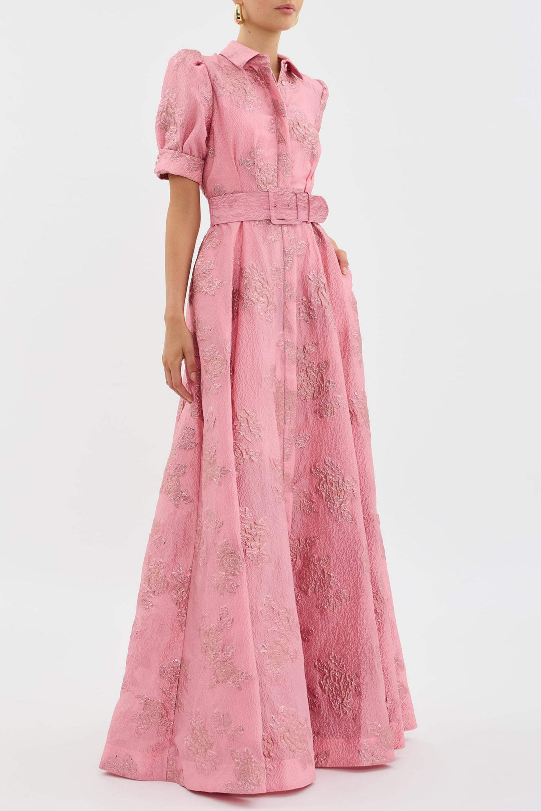 New women's pink dress featuring stylish short puff sleeves, ideal for an elegant summer day to night look.