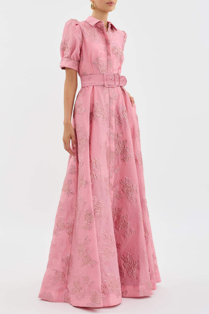 New women's pink dress featuring stylish short puff sleeves, ideal for an elegant summer day to night look.