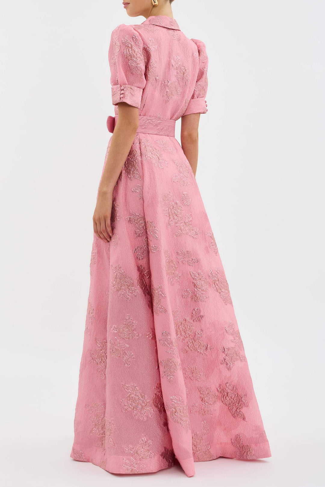 Chic pink women's casual dress with short puff sleeves, offering comfortable and elegant style for summer.