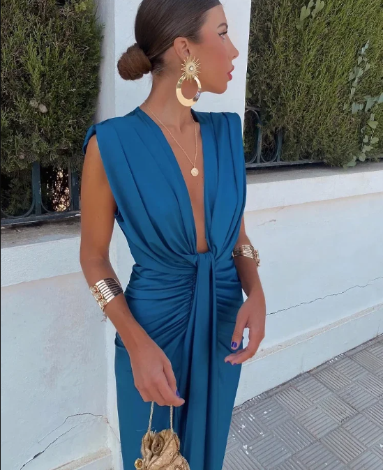 Women's elegant pleated maxi dress; chic, casual, formal, bohemian style, sleeveless, flowy summer dress.