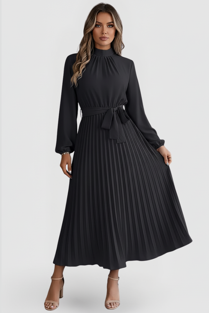 Stylish women's evening wear midi dress, elegant pleated design, mock neck, perfect for wedding guests.